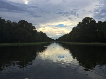 Scenic view of calm lake against cloudy sky