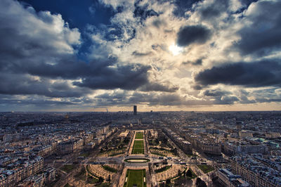 High angle view of cityscape against sky during sunset