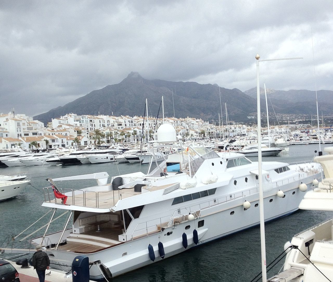 transportation, mode of transport, nautical vessel, sky, harbor, mountain, building exterior, architecture, built structure, cloud - sky, moored, water, boat, city, cloudy, travel, sea, high angle view, mountain range, cloud