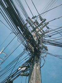 Low angle view of electricity pylon against sky