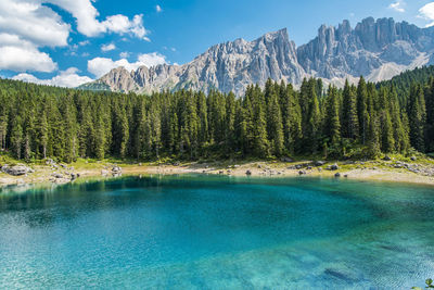 Scenic view of lake by mountains against sky