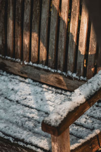 High angle view of rusty metal fence by wall