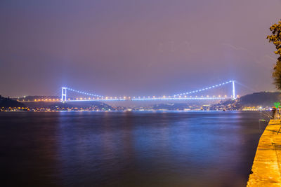 Illuminated bridge over river at night