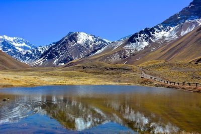 Scenic view of snowcapped mountains and lake against blue sky