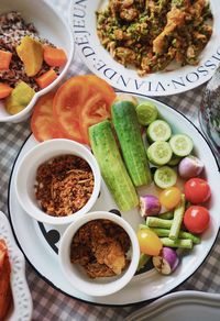 High angle view of meal served on table