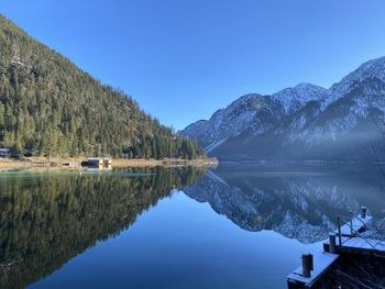 Lake by mountains against clear blue sky