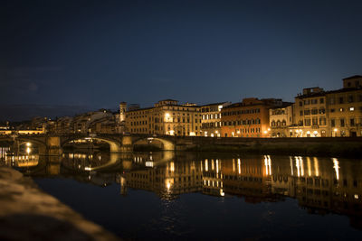 River by illuminated buildings against clear sky at night