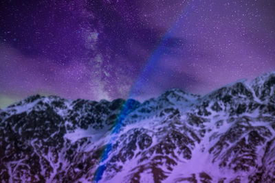 Scenic view of mountains against star field at night