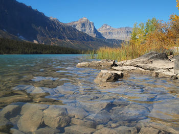 Scenic view of lake and mountains against sky