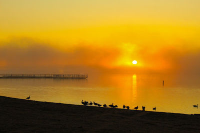 Scenic view of sea against orange sky