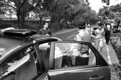 People on road by trees