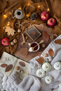 High angle view of christmas decorations on table