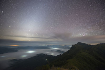 Scenic view of mountains against sky at night