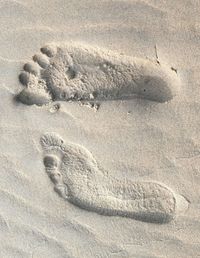 High angle view of footprints on sandy beach