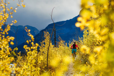 Man walking on mountain against sky