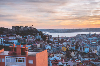 Aerial view of townscape against cloudy sky during sunset