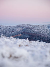 Scenic winter landscape with snow covered mountains and trees at sunset. 