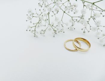 High angle view of wedding rings with flowers over white background