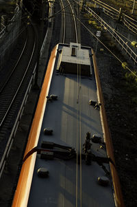 High angle view of train on railroad station platform