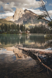 Scenic view of lake by mountains against sky