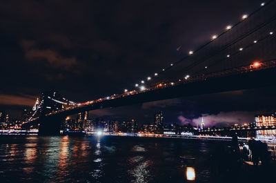 Illuminated bridge over river against sky at night