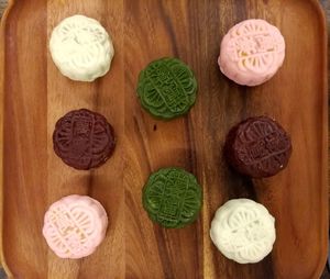 High angle view of candies on table