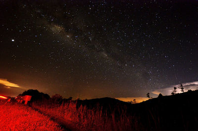 Silhouette landscape against star field at night