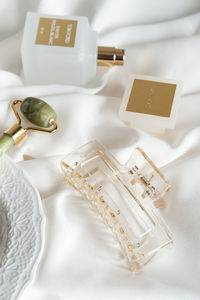 High angle view of beauty products on table