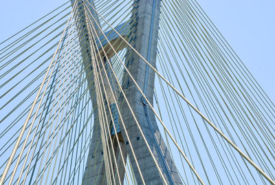 Low angle view of suspension bridge against clear sky