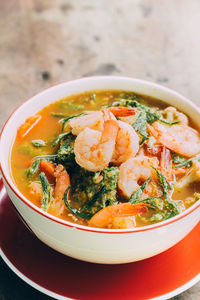 High angle view of soup in bowl on table