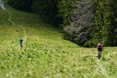 Two mountain bikers driving down a flow trail