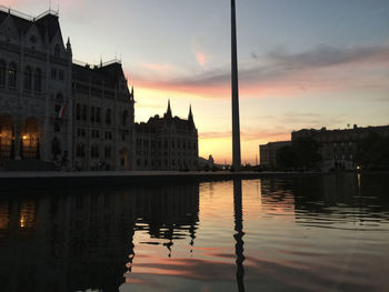 Reflection of buildings in lake at sunset