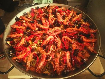 High angle view of meat in cooking pan