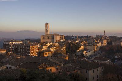 High angle view of townscape against sky at sunset