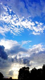 Low angle view of trees against cloudy sky