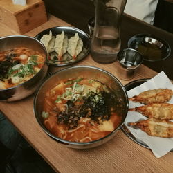 High angle view of meal served on table