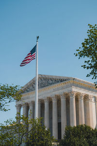 Low angle view of american flag against clear sky