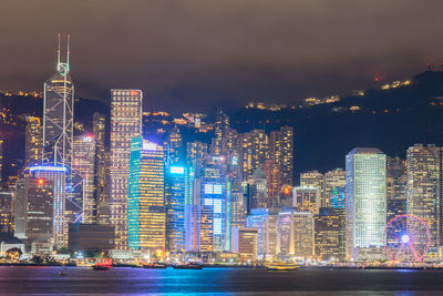 Illuminated buildings in city at night