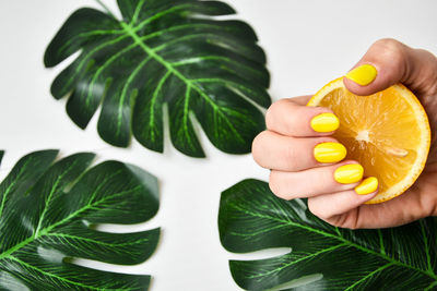 Female hand with yellow nail design holding fresh lemon. yellow nail polish manicure. female hand 