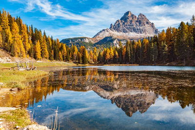 Reflection of trees in lake against sky