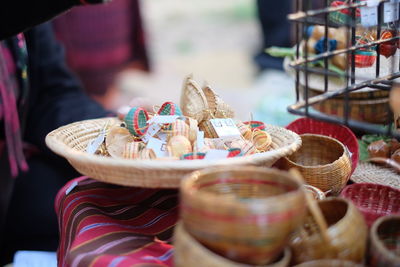 Close-up of decorations on whicker basket