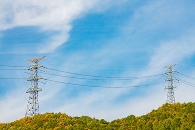 Low angle view of electricity pylon against sky