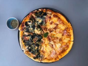 High angle view of pizza in plate