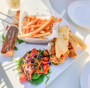 High angle view of food served in plate