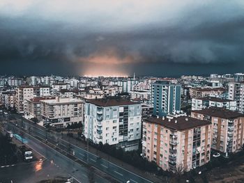 High angle view of buildings against sky