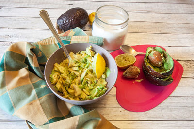 High angle view of breakfast served on table