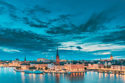 Buildings in city against sky during sunset