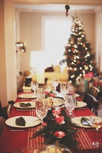 Christmas decorations on table at home