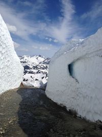 Snow covered landscape against sky