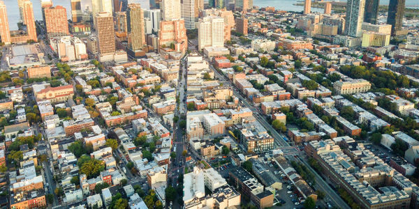 Aerial bird's eye views of downtown jersey city, nj